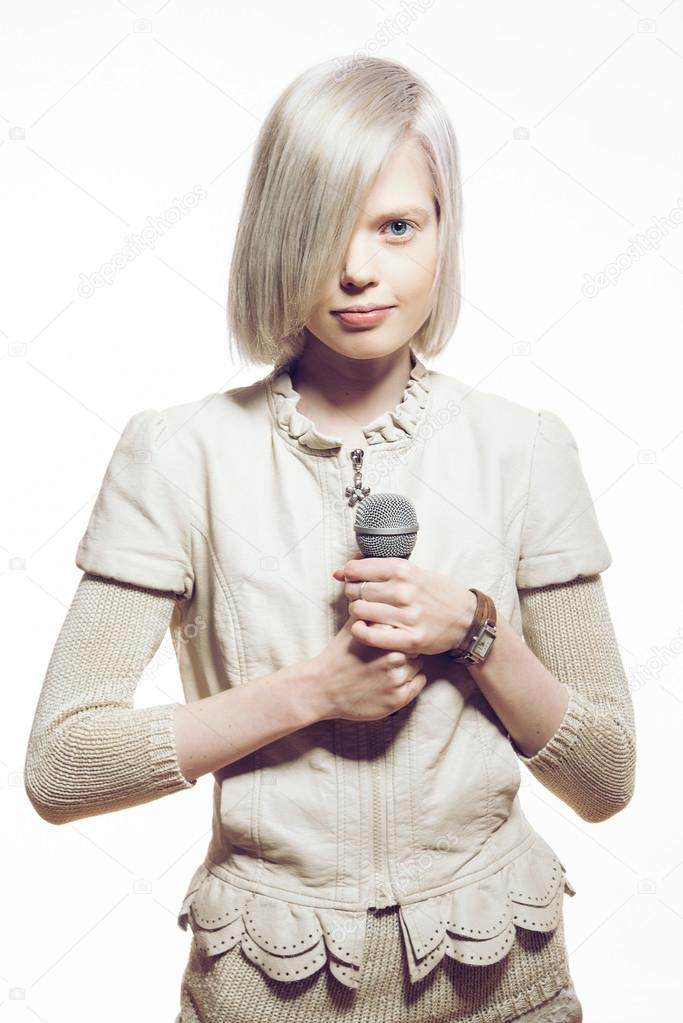 strange slim blonde girl sing karaoke