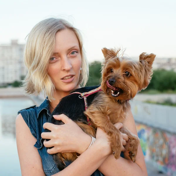Flot ung blondine med lille hund - Stock-foto