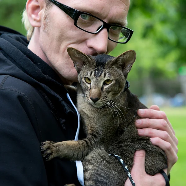 Primer plano retrato hombre con el gato —  Fotos de Stock