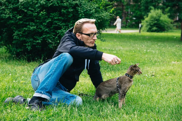 Homem jogando o gato ao ar livre — Fotografia de Stock