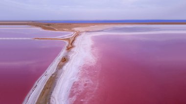 Pink Salt Lake. The picturesque shore of the lagoon is covered with a thick layer of salt formed during the evaporation of water. clipart