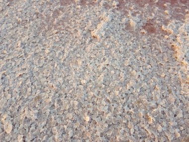 Pembe gölün iyileştirici tuzu kristalleri, pembe suyla gölün kıyılarını kaplayan pembe tuzdan oluşan bir arka plan..