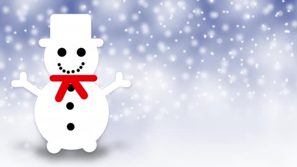Schneemann mit Hut im Hof, wo es schneit. Schneeflocken fallen vom Himmel — Stockvideo