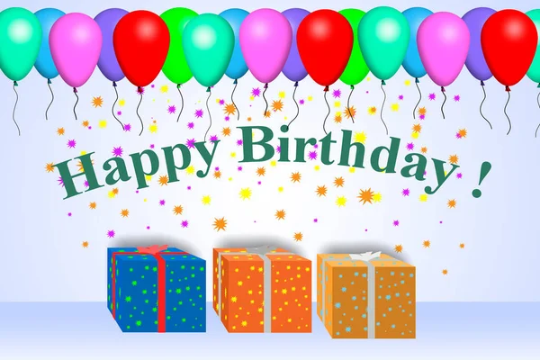 Открытки на день рождения. Надпись С днем рождения, подарочные коробки и красочные воздушные шары — стоковое фото