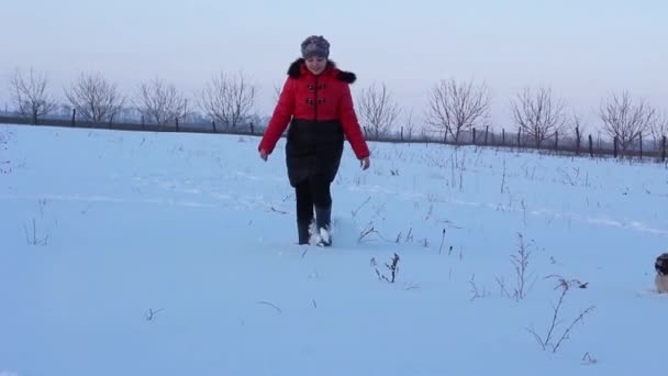 Egy piros és fekete kabátos lány sétál a hóban, és egy mopszli kutya követi.. — Stock videók