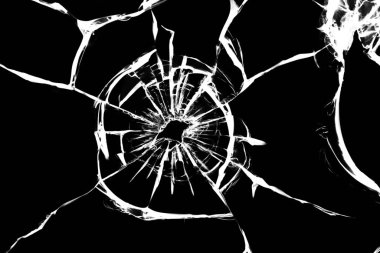 Beyaz arka planda kırık camlar. Kırık cam. Kurşun deliği, tasarım için soyutlama.