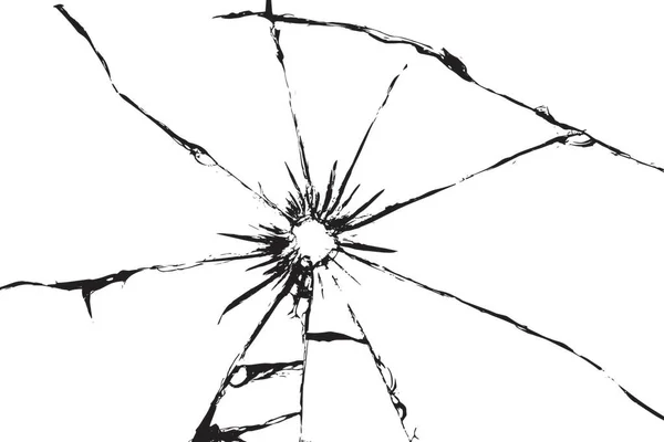 Uszkodzone szkło z pęknięciami, pęknięcia w szkle od strzału. Rozbite okno, faktura na białym tle — Wektor stockowy