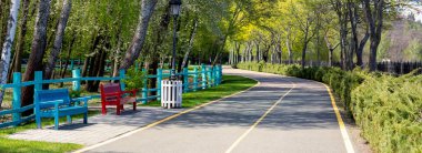 Parkta yürüyüş, rahatlamak için banklar. Güzel bahar doğası. Bahar Parkı Panoraması