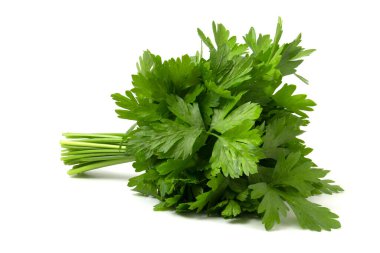 Aromatik maydanoz beyaz bir zemin üzerinde uzanıyor, hızlı seçim için izole edilmiş.