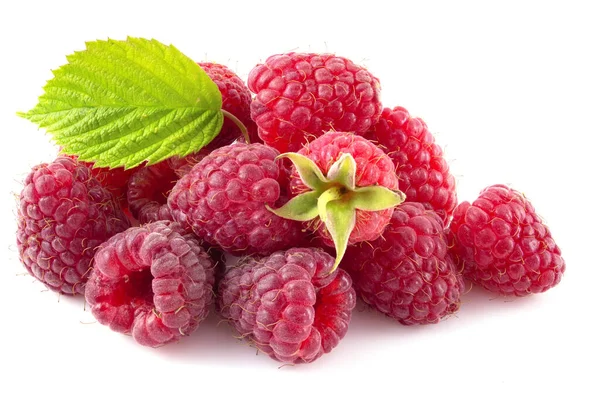 Fresh Raspberries Green Leaf Isolated White Background Stock Picture