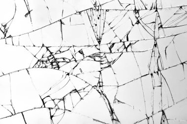 Kırık camların dokusu, beyaz arka planda çatlaklar, tasarım için çatlaklar..