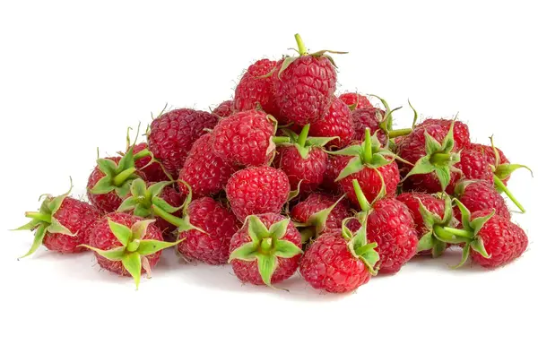 Raspberry Slide Isolated White Background Fresh Berries Green Stalks — Stockfoto