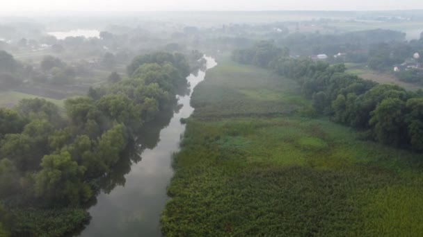 Mistige ochtend over een vlakte en rivier overstromingsvlakte weide in de buurt van een landelijk dorp met een huis. — Stockvideo