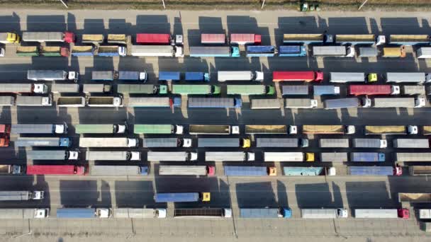 Κάτοψη Πολλών Φορτηγών Ρυμουλκούμενα Που Περιμένουν Εκφορτωθούν Στον Τερματικό Σταθμό — Αρχείο Βίντεο