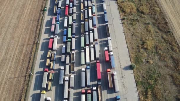 Dron Vuela Sobre Una Larga Fila Camiones Parados Terminal Portuaria — Vídeos de Stock