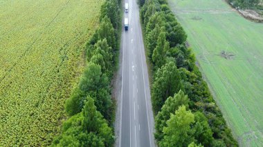 Otobanda kamyonların hareketi. Yolda hareket eden araçların hava görüntüsü