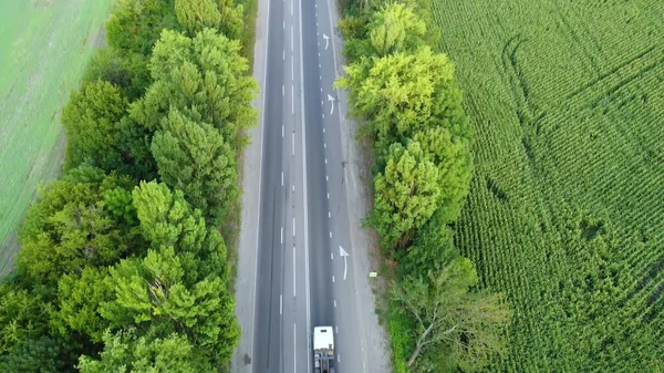 Ein Lastwagen Mit Container Ist Auf Der Autobahn Unterwegs Schießen — Stockfoto