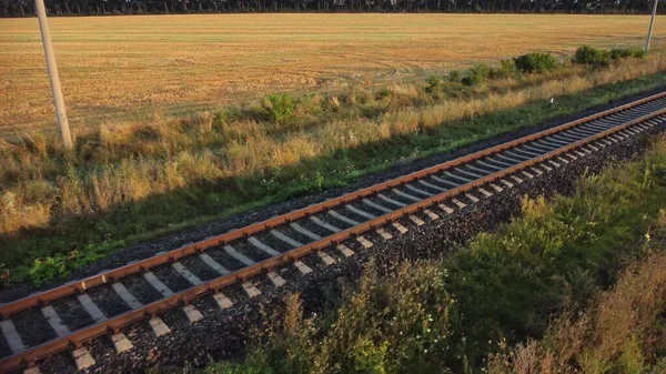 Railway tracks for industrial freight trains, road through agricultural field