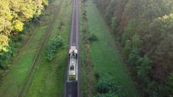 Treno Diesel Corre Lungo Binari Ferroviari Attraverso Foresta Vista Aerea — Foto Stock