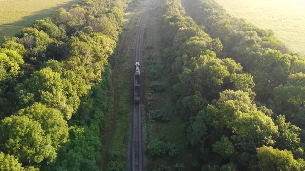 Ein Güterzug Mit Zwei Leeren Waggons Ein Traktor Auf Den — Stockfoto