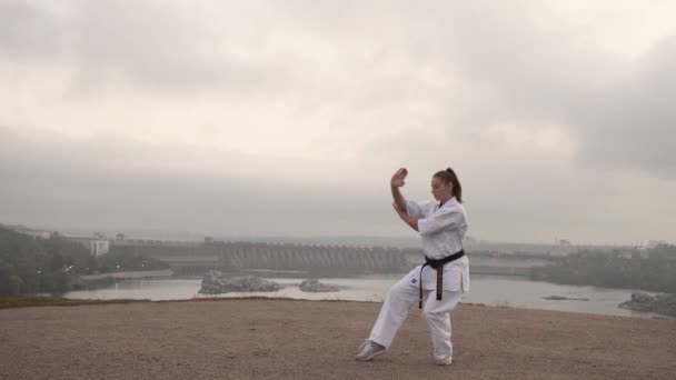 ZAPOROZHYA, UKRAINE - OKTOBER 18, 2020: flicka engagerad karate yoga. Natur, stad, flod, skog, stenar bakgrund — Stockvideo