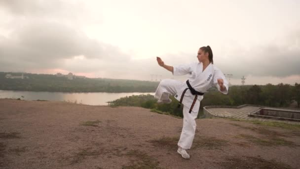 ZAPOROZHYA, UKRAINE - PAŹDZIERNIK 18, 2020: dziewczyna uprawiała jogę karate. Natura, miasto, rzeka, las, tło skał — Wideo stockowe