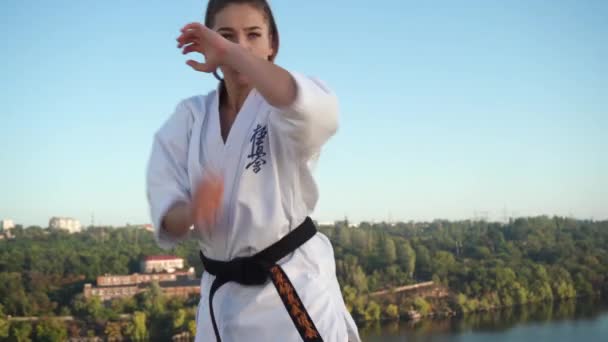 Fordítás: "Kyokushinkai". fiatal nő fehér kimono demonstrálja karate technika ellen háttér természet — Stock videók