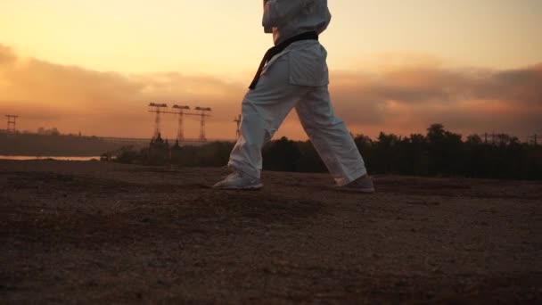 ZAPOROZHYA, UCRANIA - 18 de octubre de 2020: niña practicando karate yoga. Traducción: "Kyokushinkai". Naturaleza, ciudad, río, bosque, rocas de fondo — Vídeo de stock