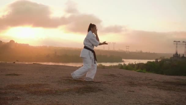 ZAPOROZHYA, UKRAINE - OKTOBER 18, 2020: flicka engagerad karate yoga. Översättning: "Kyokushinkai". Natur, stad, flod, skog, stenar bakgrund — Stockvideo