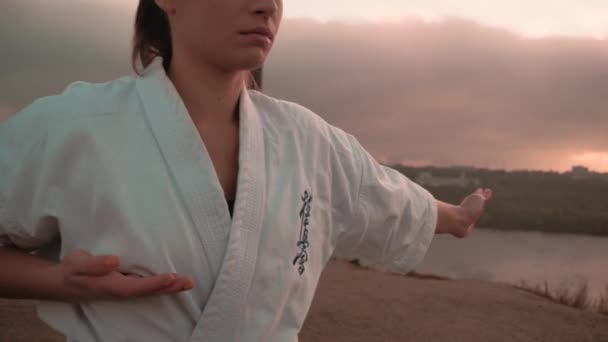 Tłumaczenie: Kyokushinkai. młoda kobieta biały kimono demonstruje karate technika na tle natury — Wideo stockowe