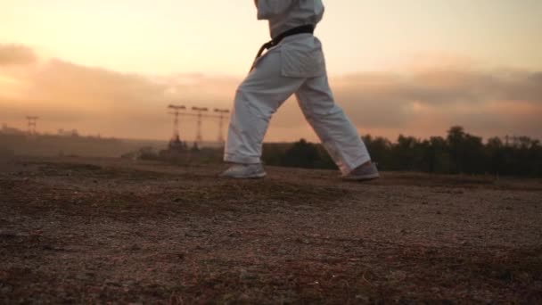 Fordítás: Kyokushinkai. A lány eljegyezte a karate jógát. Természet, város, folyó, erdő, sziklák háttér — Stock videók