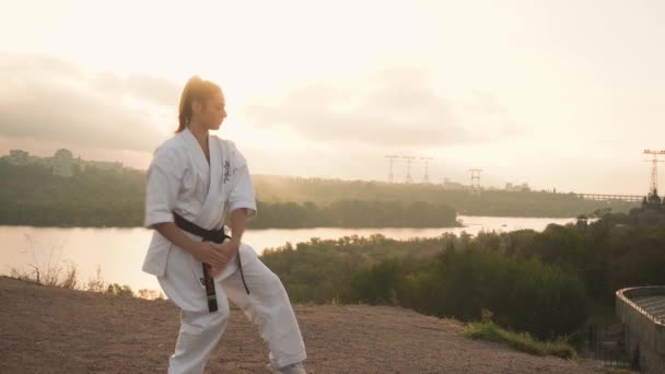 Tłumaczenie: Kyokushinkai. Dziewczyna jest zaangażowana w jogę karate, z zamkniętymi oczami o świcie. Drzewa, rzeka, most, miasto na tle — Wideo stockowe
