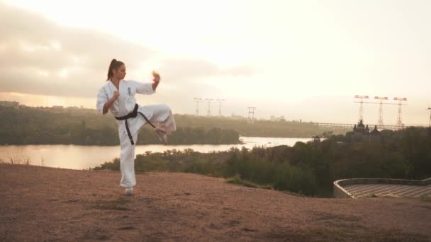 Egy kimanós lány karate edzésen, edzésen, rúgásban, nem működik. Folyó, templom, fák háttér — Stock videók