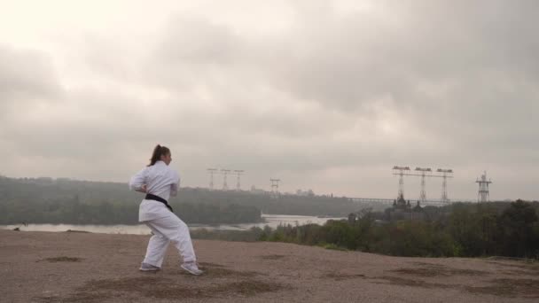 Terjemahan: Kyokushinkai girl engaged karate yoga.Nature, city, river, church, forest, rocks background — Stok Video
