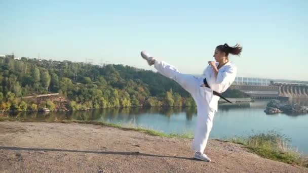 Перевод: Kyokushinkai. молодая женщина белое кимоно демонстрирует свою технику карате на фоне природы — стоковое видео