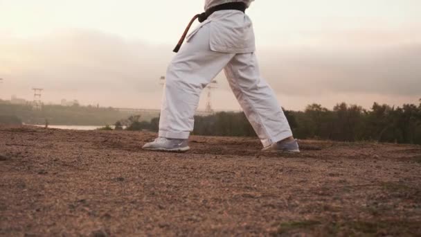 Översättning: Kyokushinkai. bekämpa hållning karate av en man i en vit kimono — Stockvideo