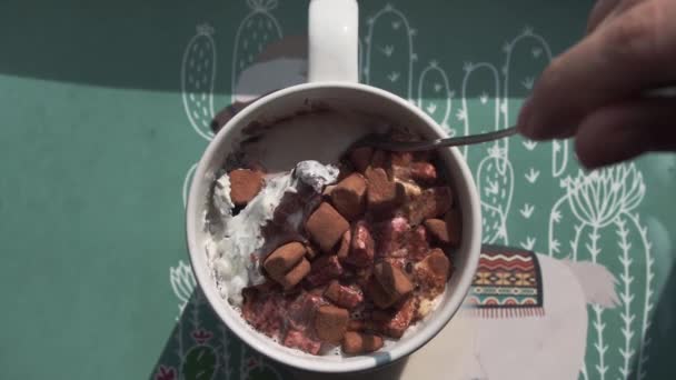 Une cuillère à café à longues pattes mélange lentement les guimauves brunes dans une tasse — Video