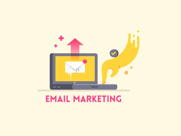 Concept d'icône de marketing par courriel. Ordinateur portable avec main envoyant une lettre . Vecteurs De Stock Libres De Droits