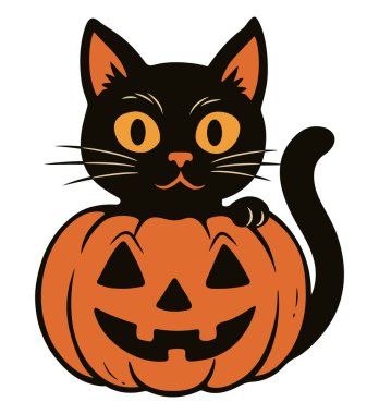 Balkabağının içindeki sevimli siyah kedi Jack o fener çizgi film illüstrasyonu Cadılar Bayramı vektörü