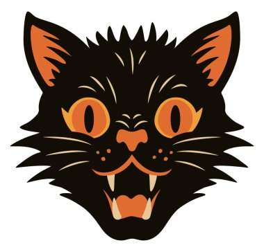 Klasik Retro Siyah Kedi Kafası Çizimi Cadılar Bayramı Tasarımı