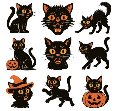 Retro Kara Kedi Cadılar Bayramı Vektörü Ayarları