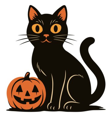 Balkabağı Retro Çizgi Filmli Cadılar Bayramı Kara Kedisi