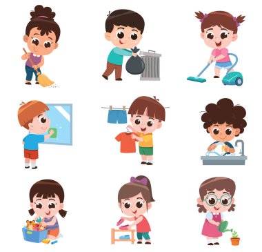 Ev işleri yapan sevimli çocuklar çizgi film setinde. Eğitim ve Aile Faaliyetleri İçin Vektör İllüstrasyonu