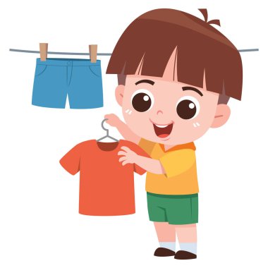 Giysileri Asan Yakışıklı Çocuk Çizimi. Ev İşleri Yapan Çocuk