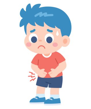 Karnı ağrıyan şirin hasta çocuk. Karnını tutuyor. Tıbbi Çizgi Film Çizimi