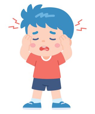 Başı ağrıyan sevimli hasta çocuk. Tıbbi Çizgi Film Çizimi