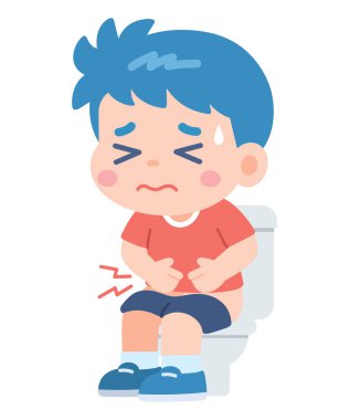 Mide ağrısıyla tuvalette oturan sevimli hasta çocuk. İshal Çizgi Film İllüstrasyonu