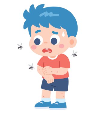 Kolunda sivrisinek ısırıkları olan sevimli çizgi film çocuğu.