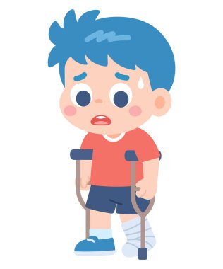 Koltuk değneği kullanan yaralı çocuk çizgi film çizimi