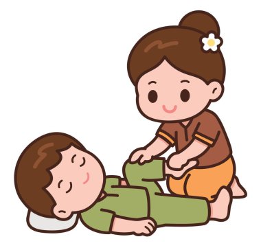 Sevimli Tayland Masaj Karikatürü Geleneksel Tayland Esneme Terapisi Çizimi